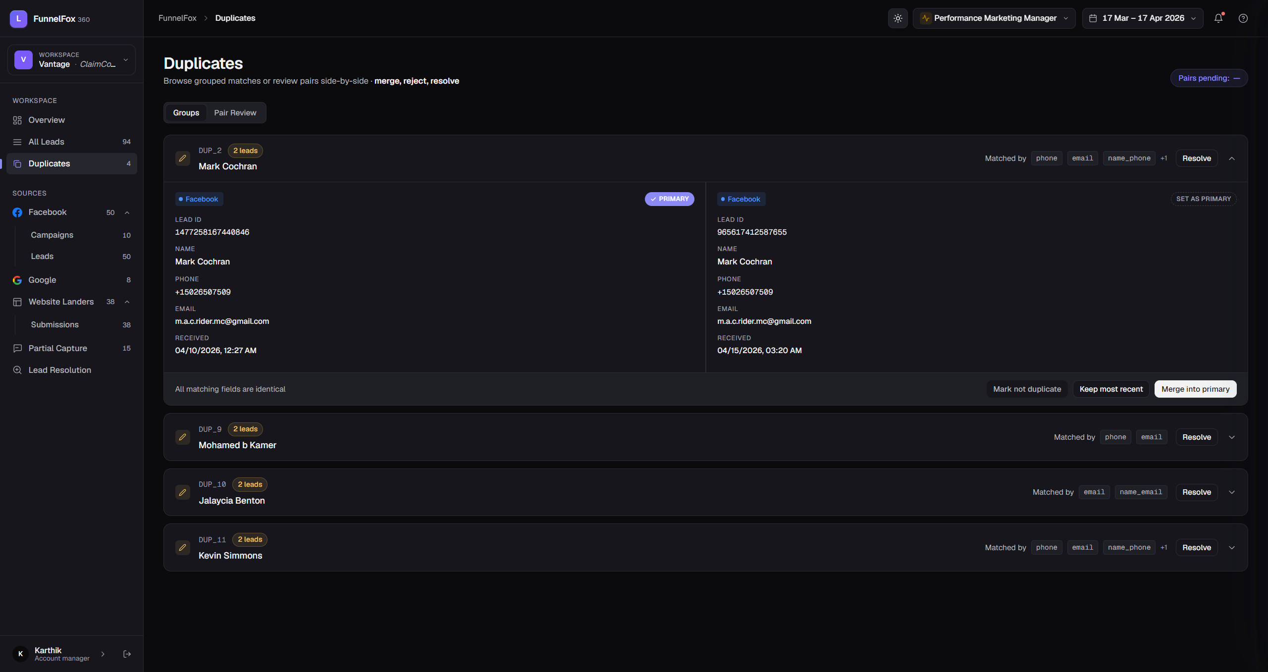 Duplicate lead review interface with side-by-side comparison and merge actions